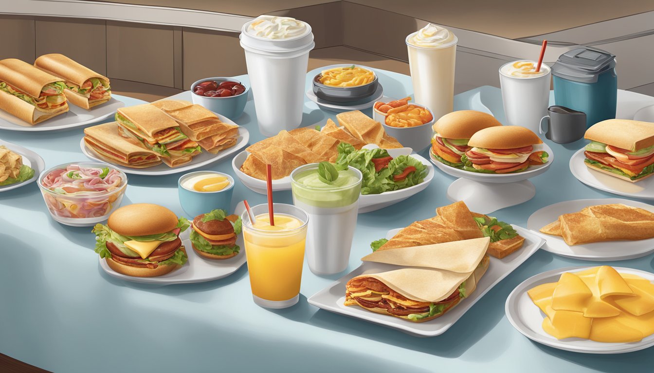 A table set with a variety of breakfast options, including sandwiches, wraps, and beverages, ready for a group catering event at Wendy's