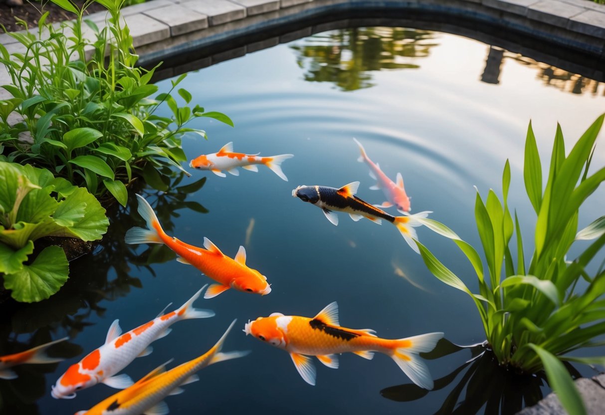 A serene koi pond with clear water, lush aquatic plants, and colorful fish swimming gracefully