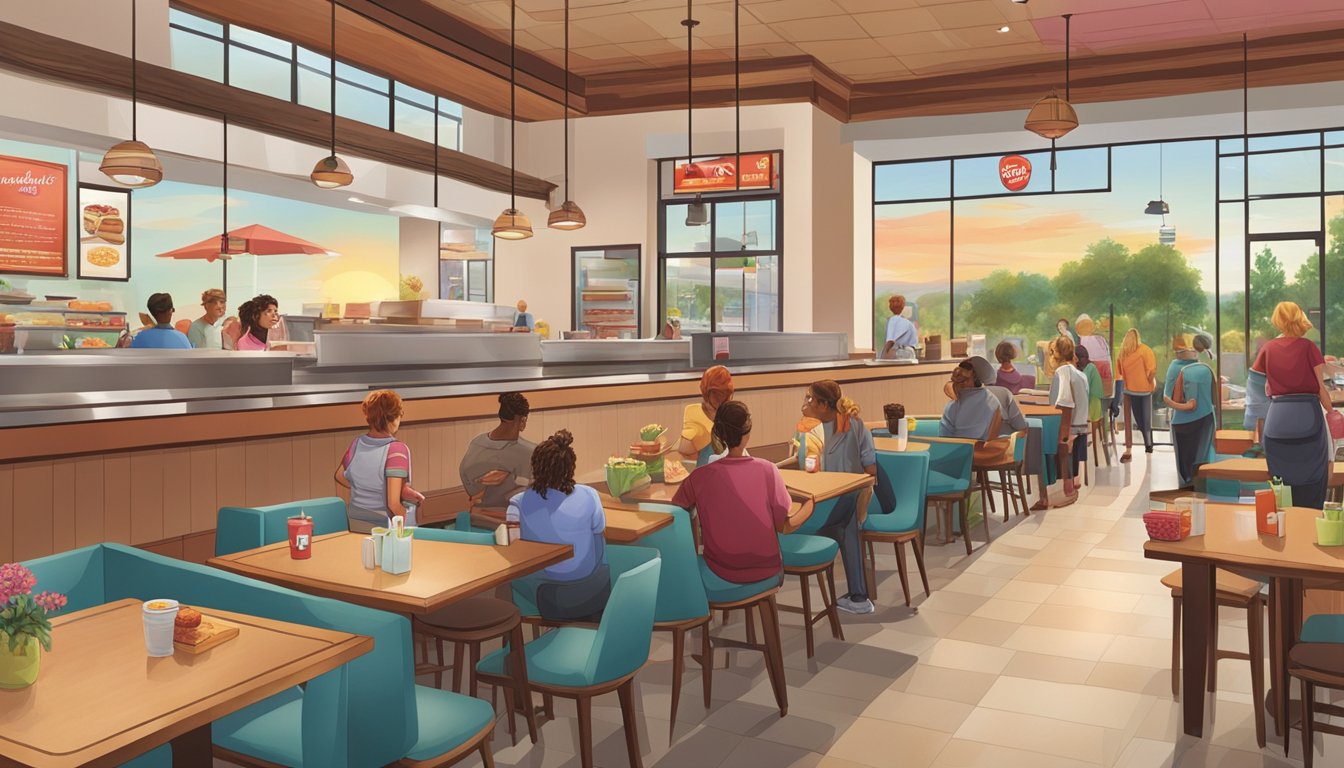 A bustling Wendy's restaurant at sunrise, with a line of customers eagerly waiting to try the new breakfast menu. Tables are being set with fresh flowers and colorful placemats, creating a welcoming atmosphere