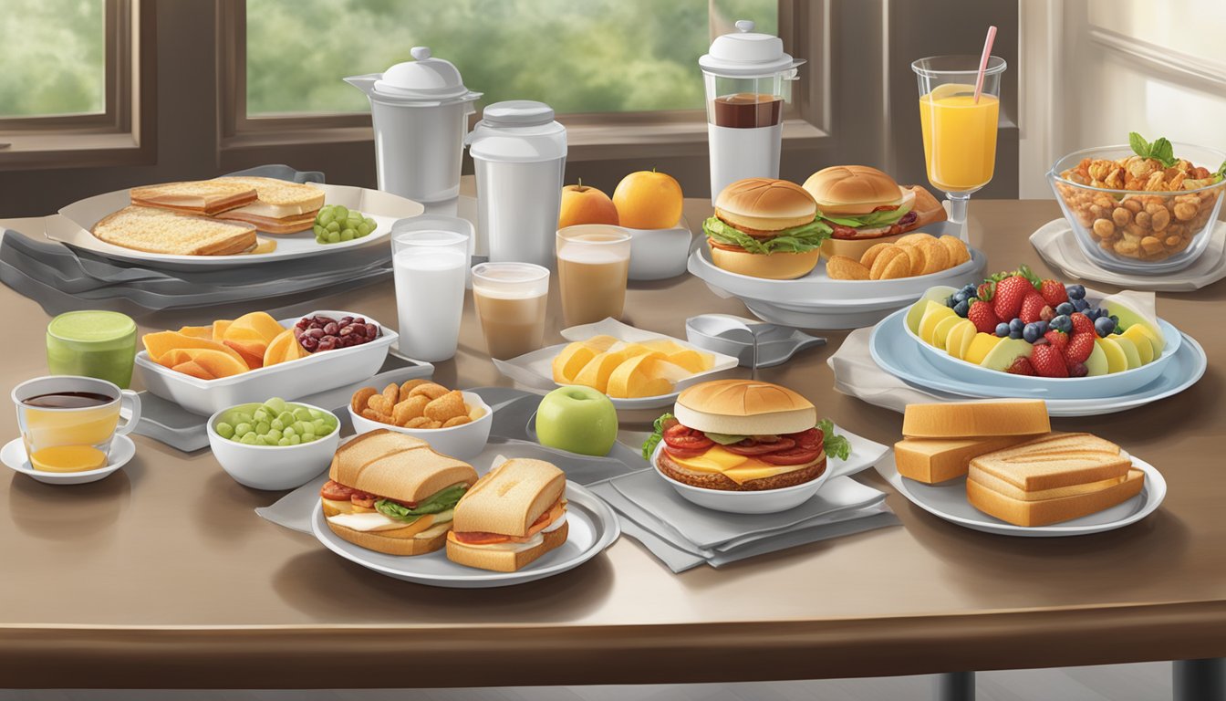 A table set with a variety of breakfast catering options from Wendy's, including trays of sandwiches, bowls of fruit, and carafes of coffee