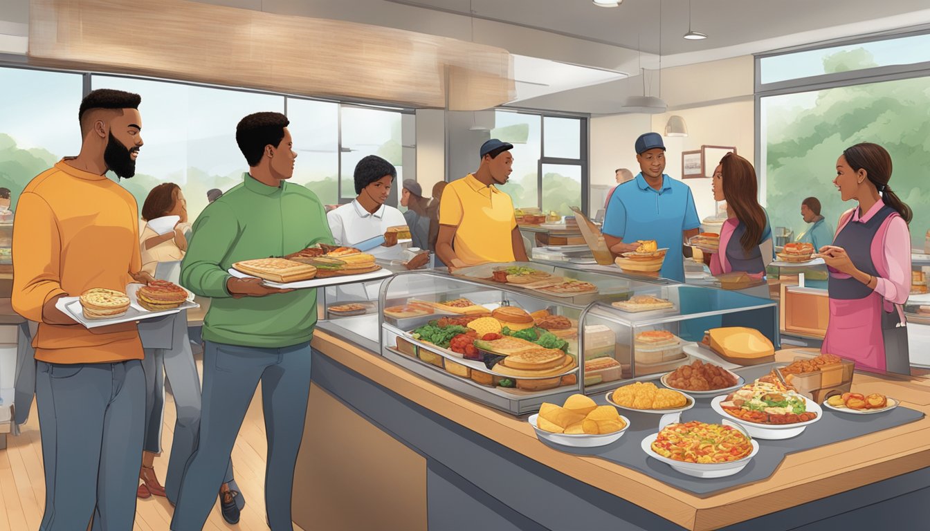 A group of people choosing breakfast catering options from Wendy's menu, with a variety of food items displayed on a table