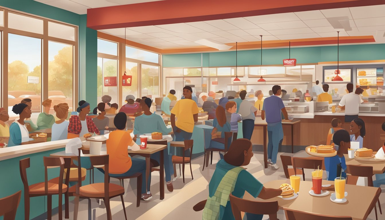 A bustling breakfast scene at a Wendy's restaurant, with customers enjoying a variety of breakfast items. The restaurant is modern and inviting, with a warm and welcoming atmosphere