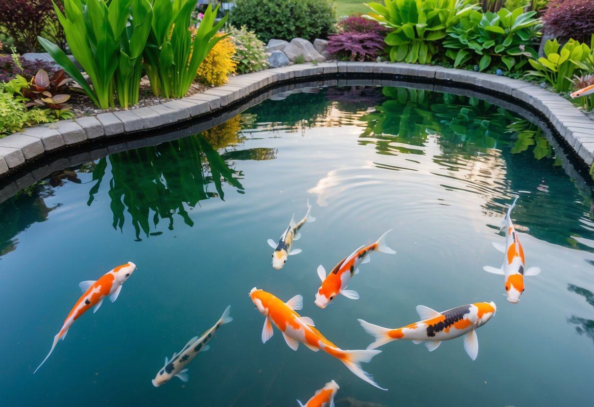 A serene koi pond with clear water, lush aquatic plants, and colorful fish swimming peacefully