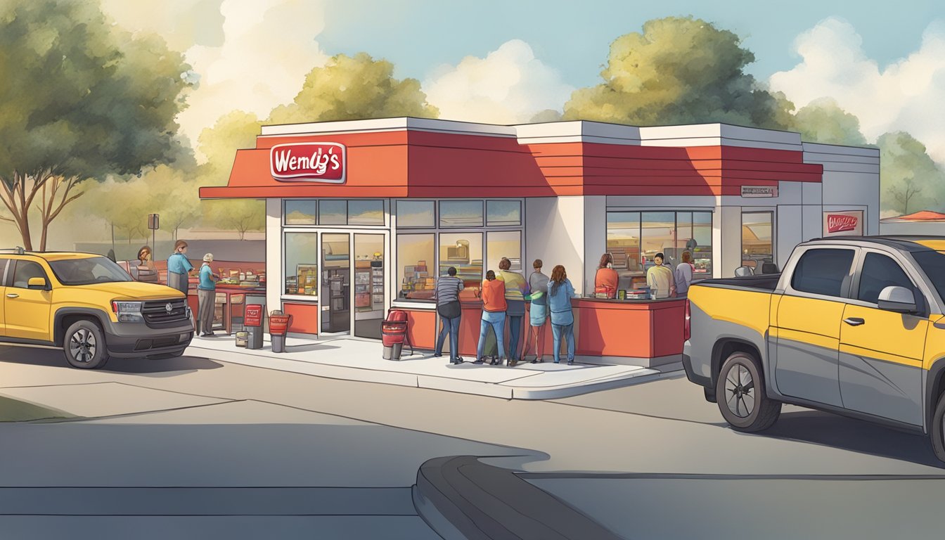 A sunny morning with a line of customers at a Wendy's drive-thru, while employees inside prepare breakfast items