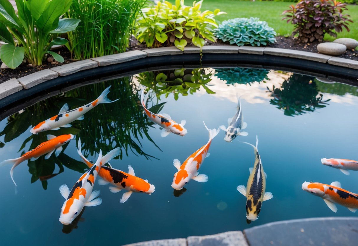 A serene koi pond with clear water, lush aquatic plants, and colorful koi swimming gracefully, indicating a healthy KH level