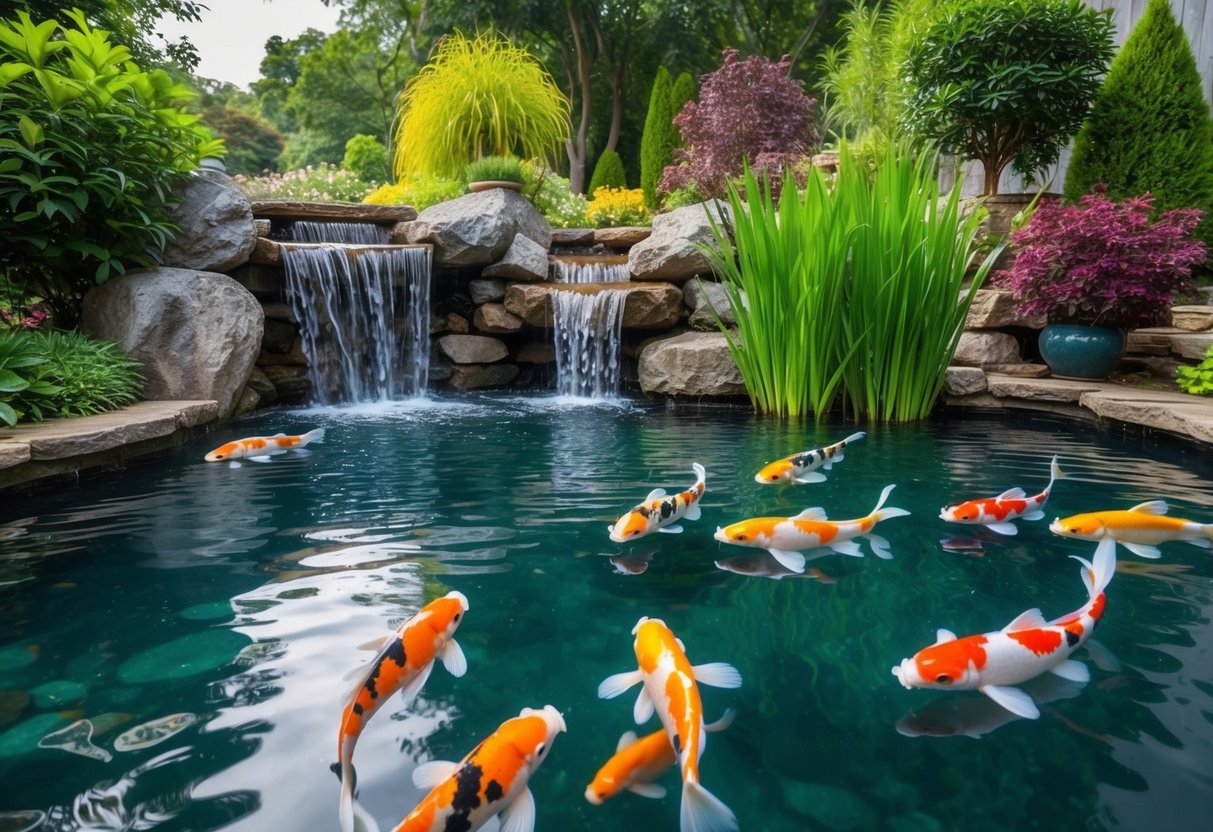 A serene koi pond with a bubbling waterfall, surrounded by lush greenery and colorful koi swimming gracefully in the clear water