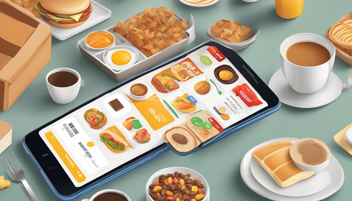 A smartphone displaying the Wendy's Breakfast app with payment and checkout screens, surrounded by breakfast food items and a coffee cup