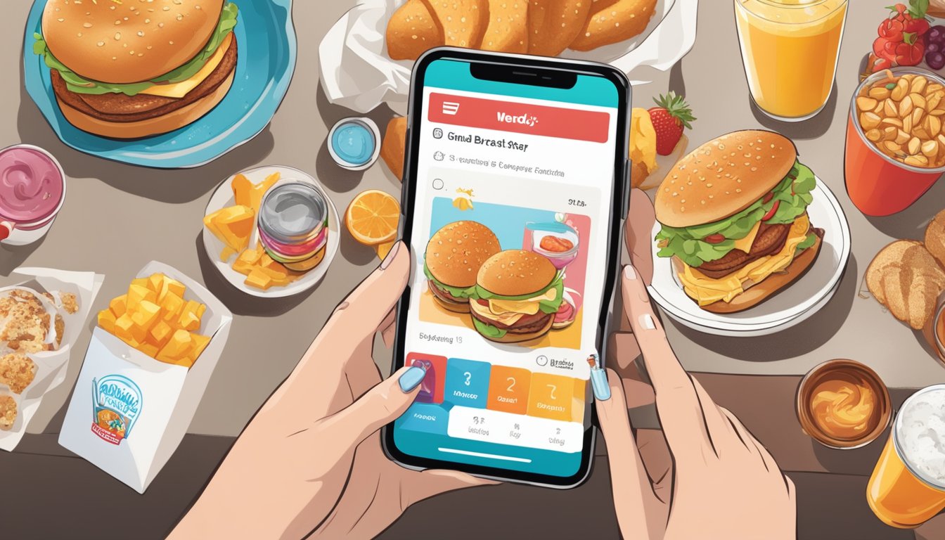 A smiling customer using the Wendy's breakfast app on a smartphone, surrounded by images of breakfast items and a digital loyalty card