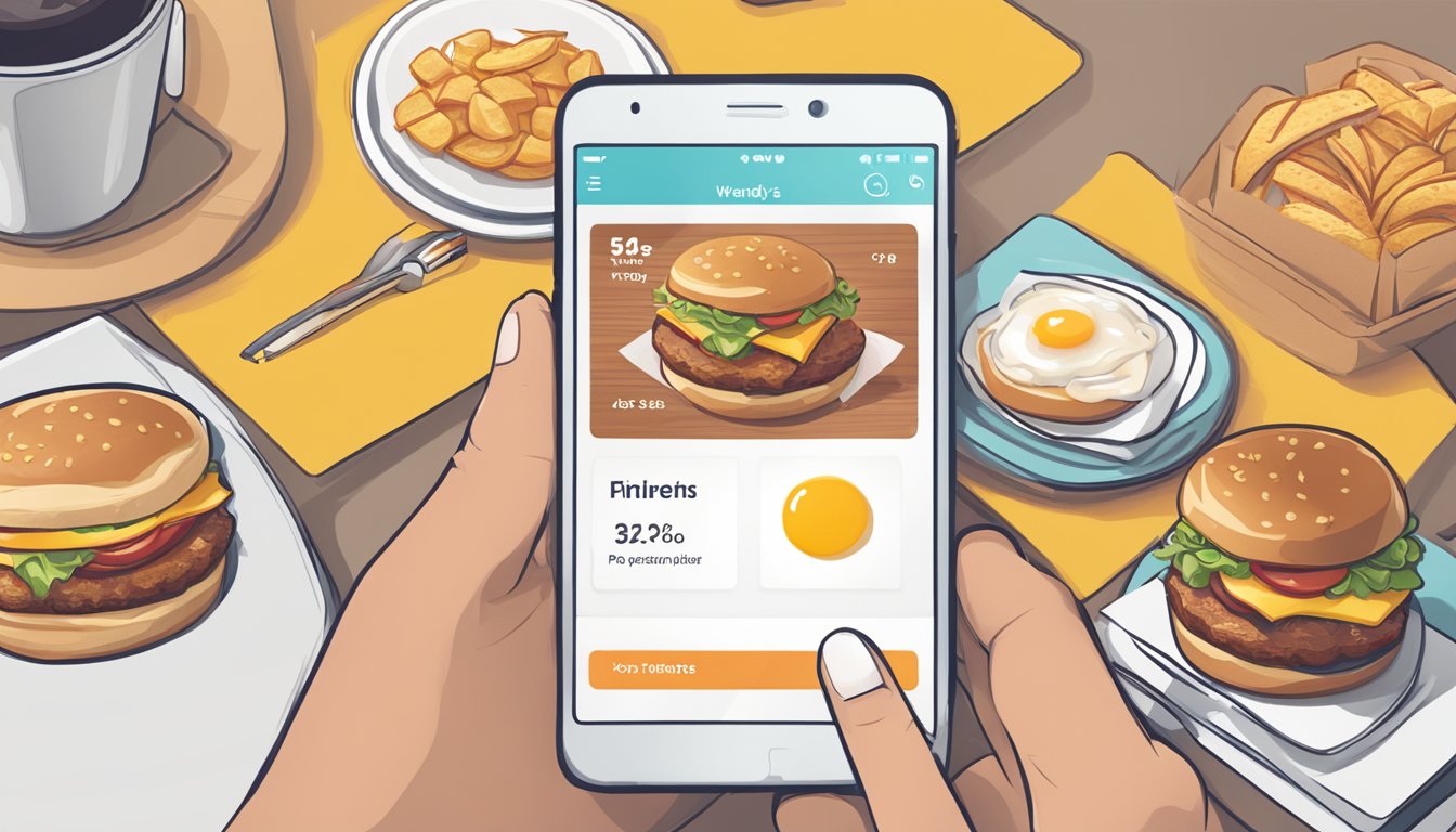 A smartphone with the Wendy's Breakfast App displayed, showing promotions and deals