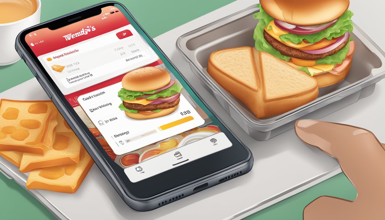 A smartphone with the Wendy's Breakfast App open, showing the user ordering breakfast items with delivery services integrated