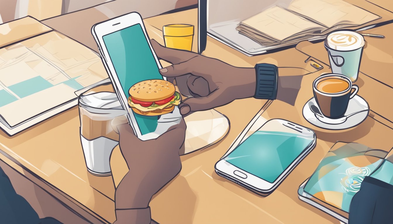 A person using a smartphone to order breakfast from Wendy's app with a coffee and breakfast sandwich on a table