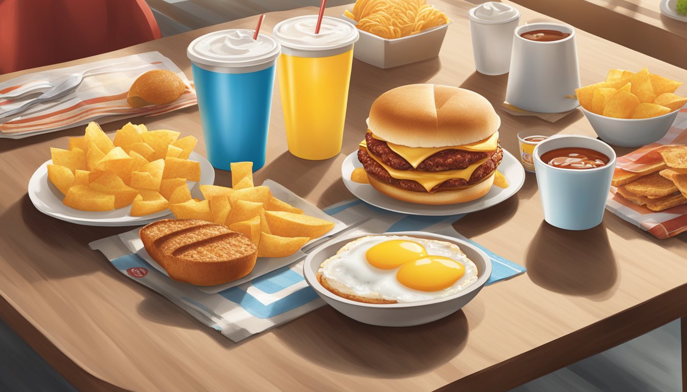 The morning sun shines on a table set with a variety of Wendy's breakfast items, surrounded by promotional signs and limited-time offers