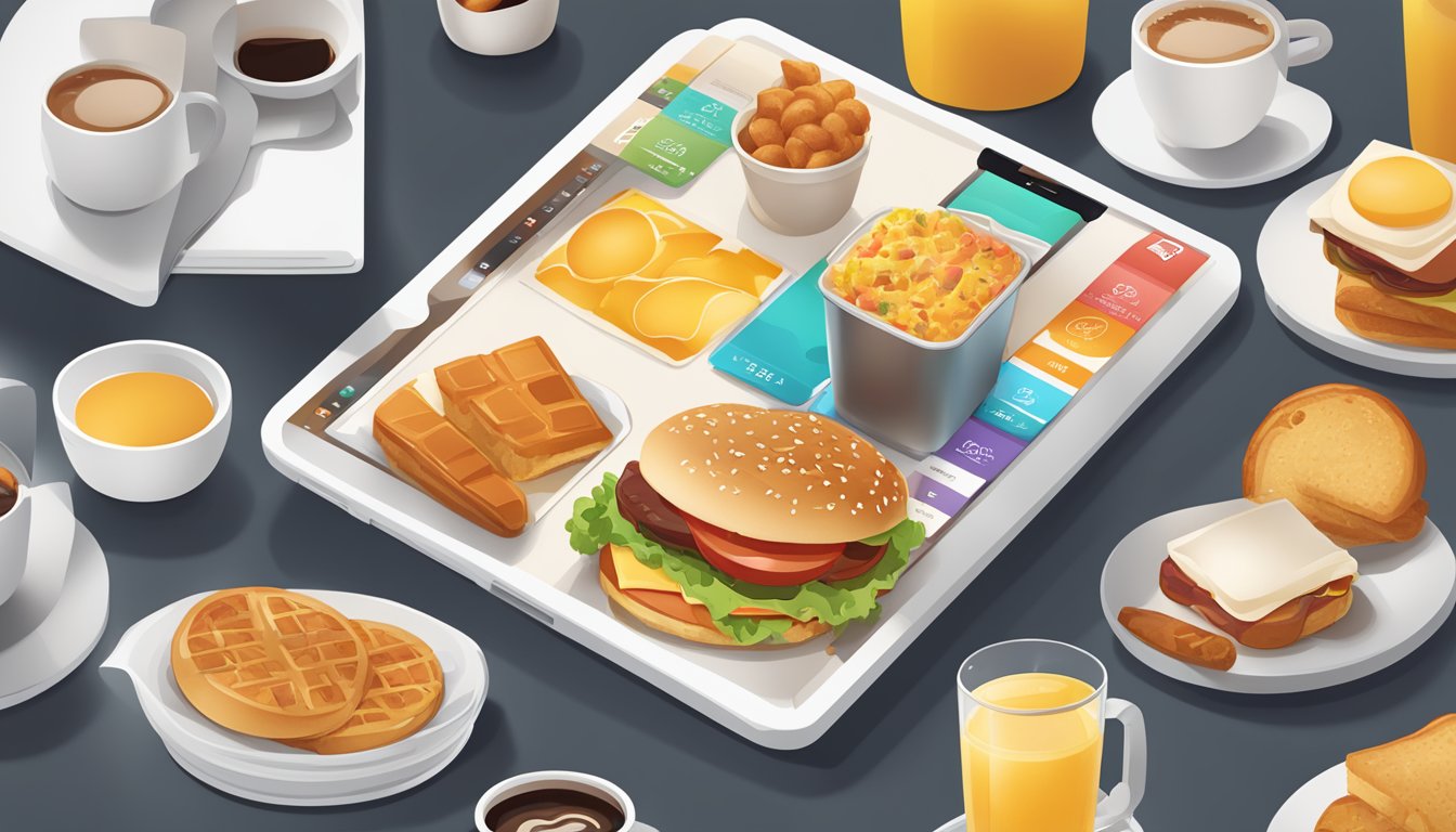 A smartphone with the Wendy's Breakfast app open, displaying a variety of breakfast items available for ordering, with a cup of coffee next to it