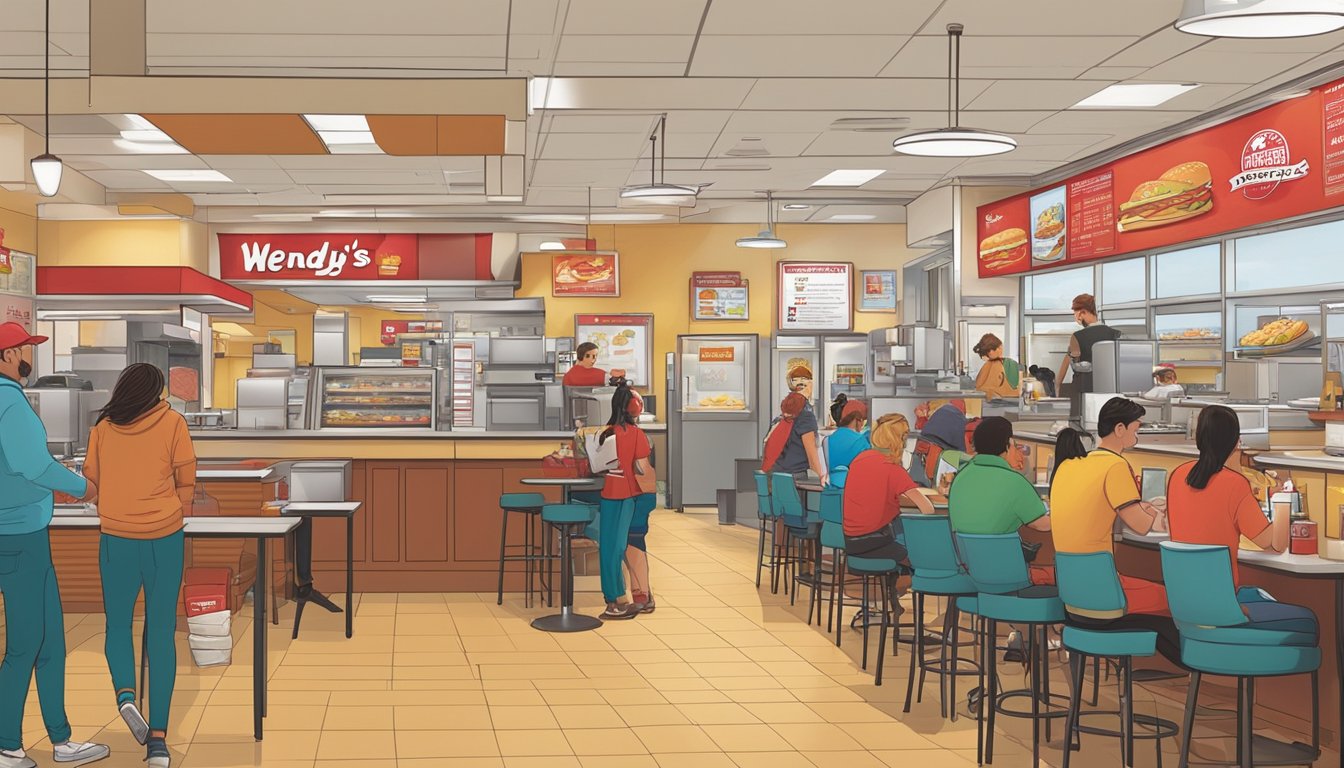 A bustling morning scene at a Wendy's restaurant, with customers enjoying breakfast promotions and limited-time offers. Tables are filled with people savoring their meals, while staff members work efficiently behind the counter