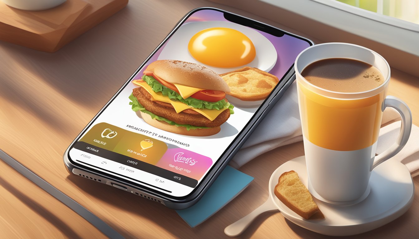 A smartphone displaying the Wendy's breakfast app with various menu items and options for customization, set against a background of a cozy breakfast setting with a cup of coffee and morning sunlight streaming in through a window