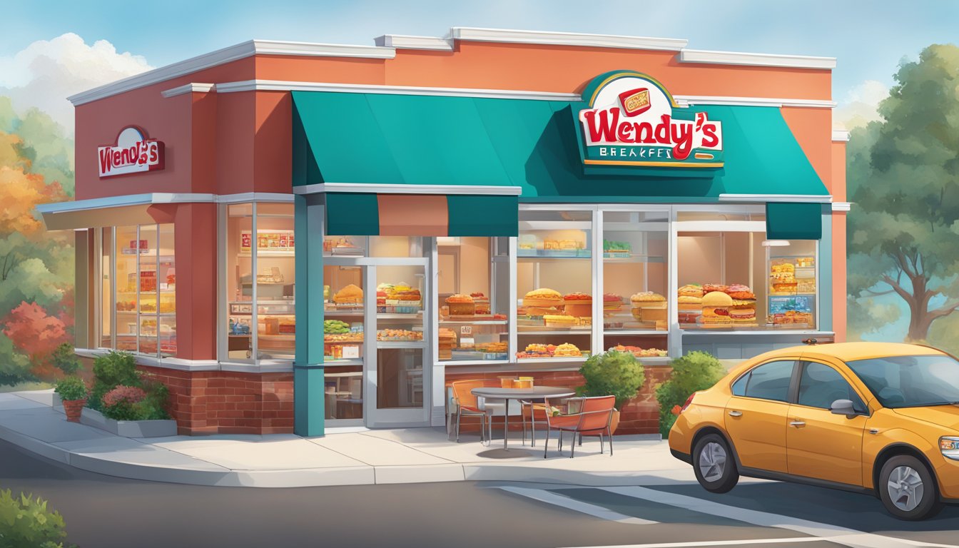 The scene features a vibrant display of Wendy's breakfast items, including fan favorites and new additions, along with enticing limited-time offers and promotions