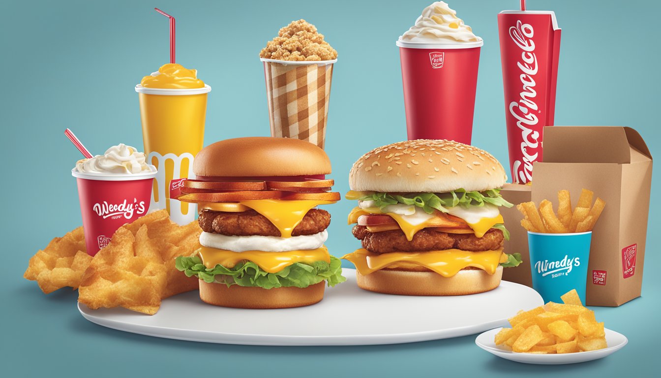 A vibrant social media campaign featuring Wendy's breakfast menu items showcased in a playful and engaging manner, with a focus on unique branding elements to differentiate the brand from competitors