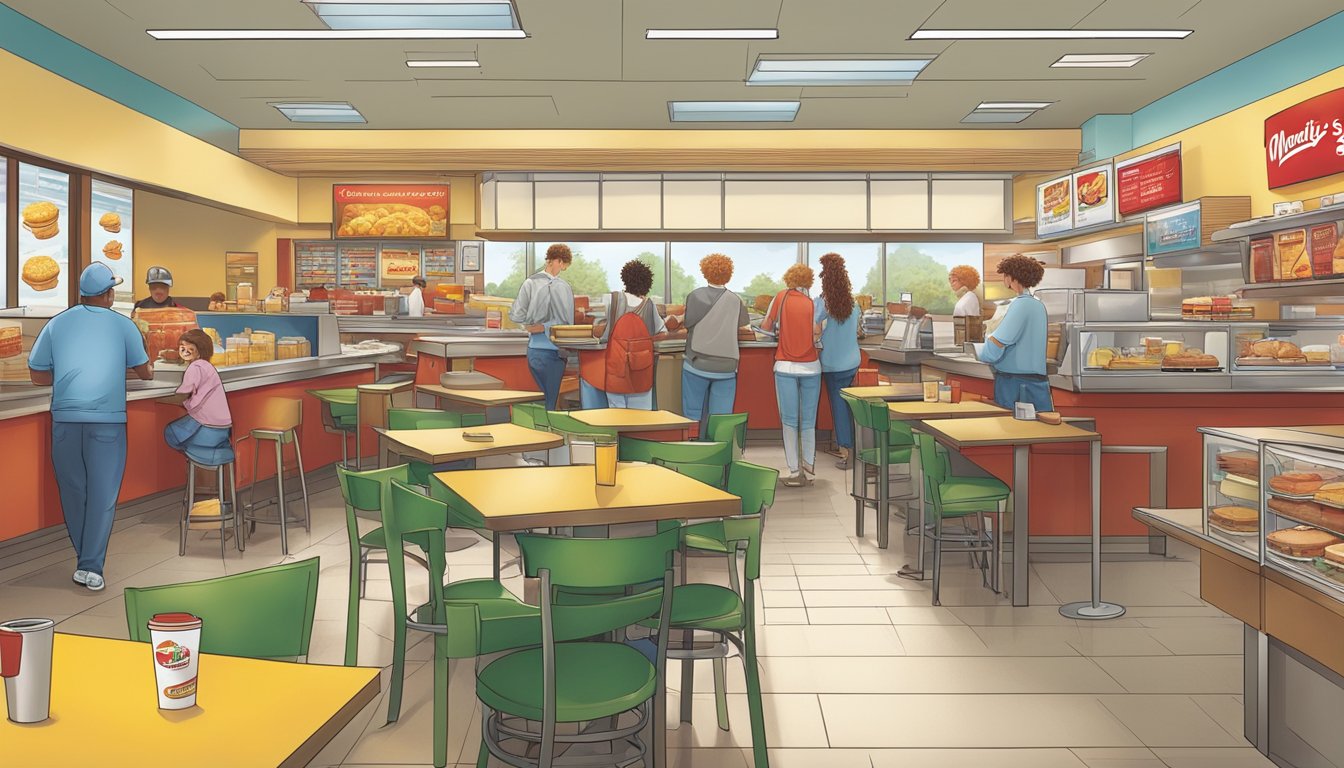 A bustling morning scene at Wendy's, with a variety of breakfast items displayed on the menu board, strategically designed to appeal to customers' psychology