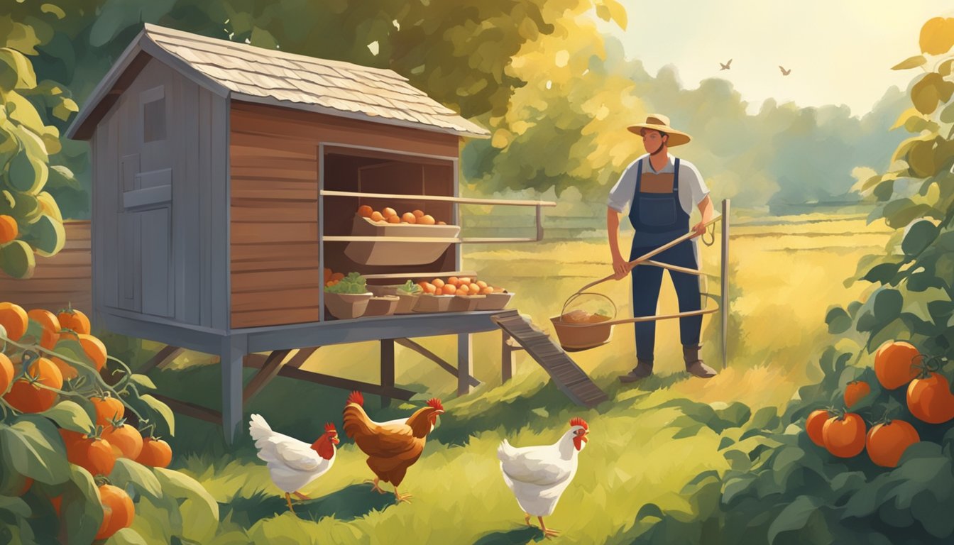 A farmer harvesting fresh eggs from a chicken coop, while another farmer picks ripe tomatoes from the vine in a sunny garden