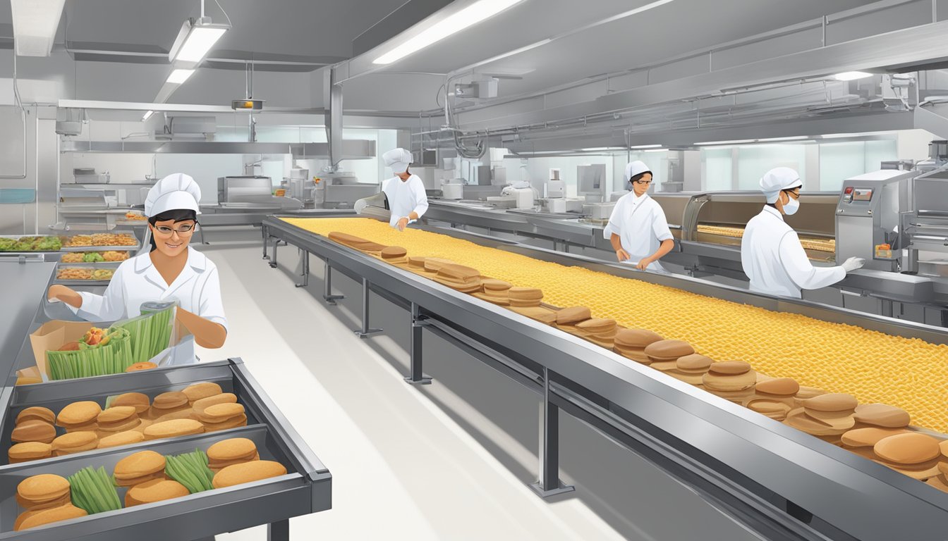 A conveyor belt moves fresh breakfast ingredients through a quality control process, with workers inspecting and testing each item for Wendy's