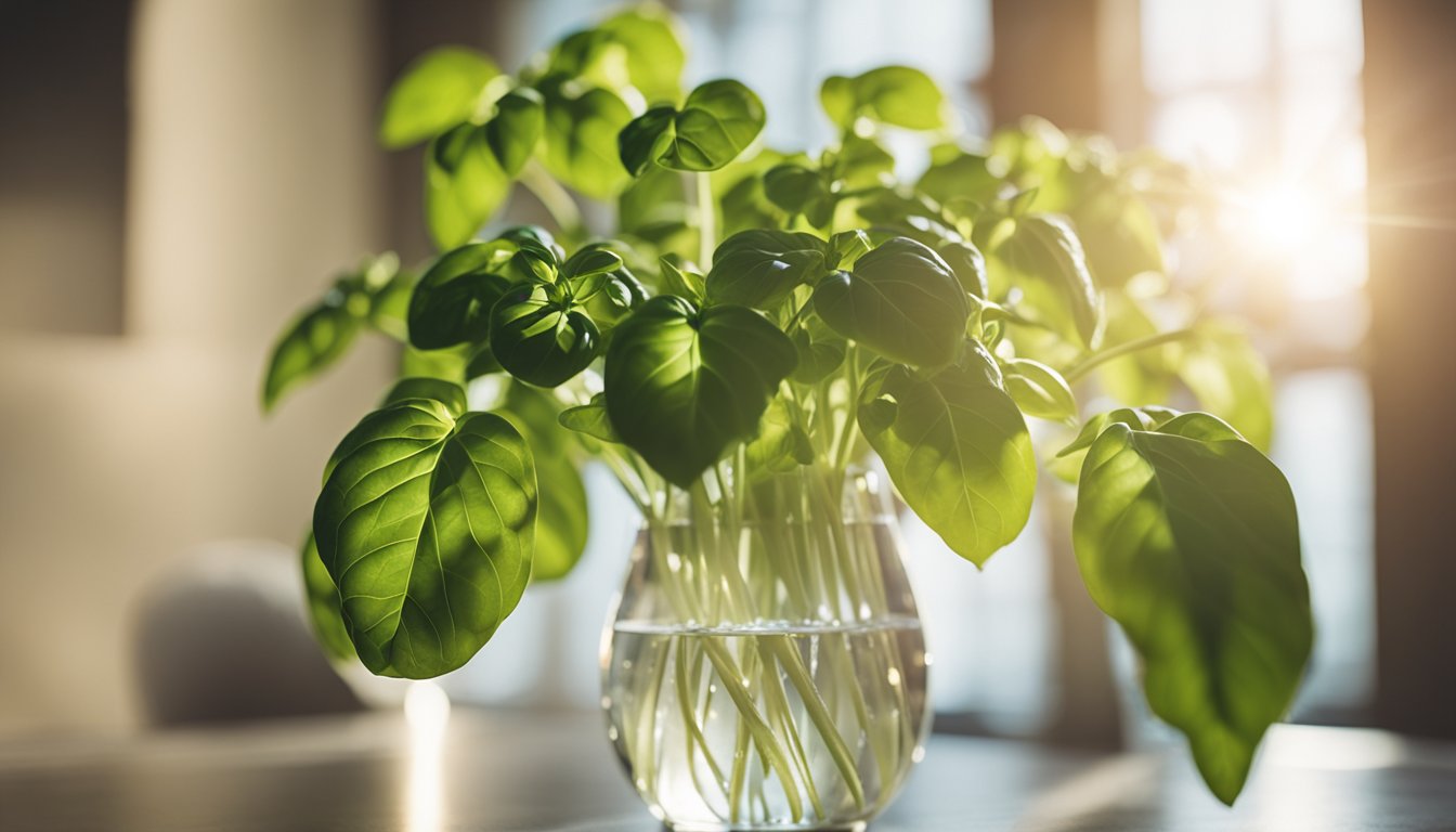 A flourishing basil plant with cascading white roots in a crystal-clear vase, bathed in sunlight creating rainbow prisms