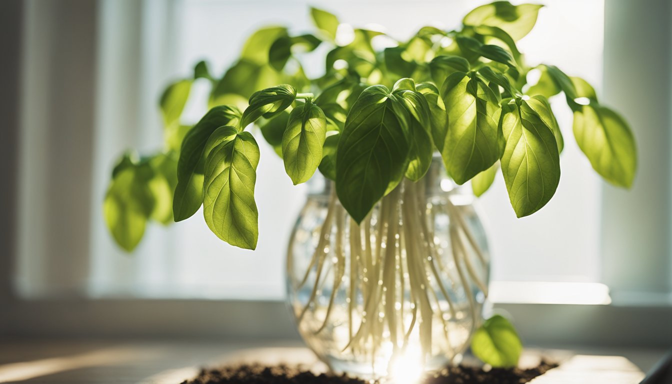 Sunlight streams through glass, casting rainbow prisms on delicate white roots cascading down a flourishing basil plant in a crystal-clear vase of golden-tinted water