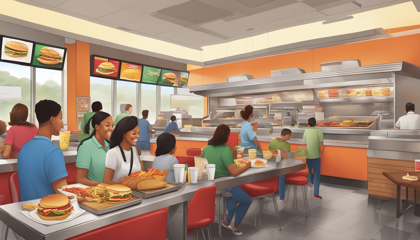 A bustling fast-food restaurant during breakfast hours, with employees efficiently serving customers while the menu board prominently displays Wendy's breakfast offerings