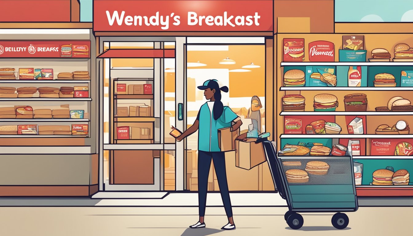 A person receiving a delivery of Wendy's breakfast items with a loyalty program card and rewards displayed