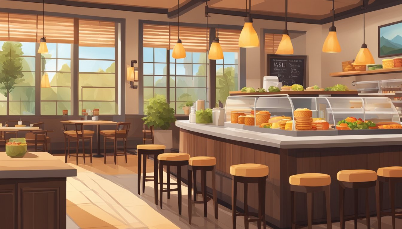 A cozy, well-lit restaurant with warm colors and inviting decor. A display of freshly prepared breakfast items is featured prominently at the counter