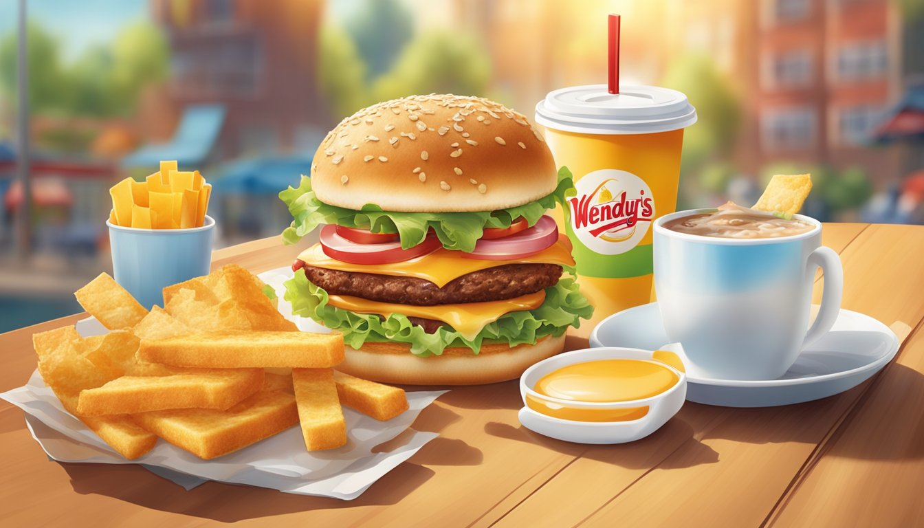 A colorful illustration of a sunny morning with a Wendy's breakfast menu and loyalty card, surrounded by enticing rewards and special promotions