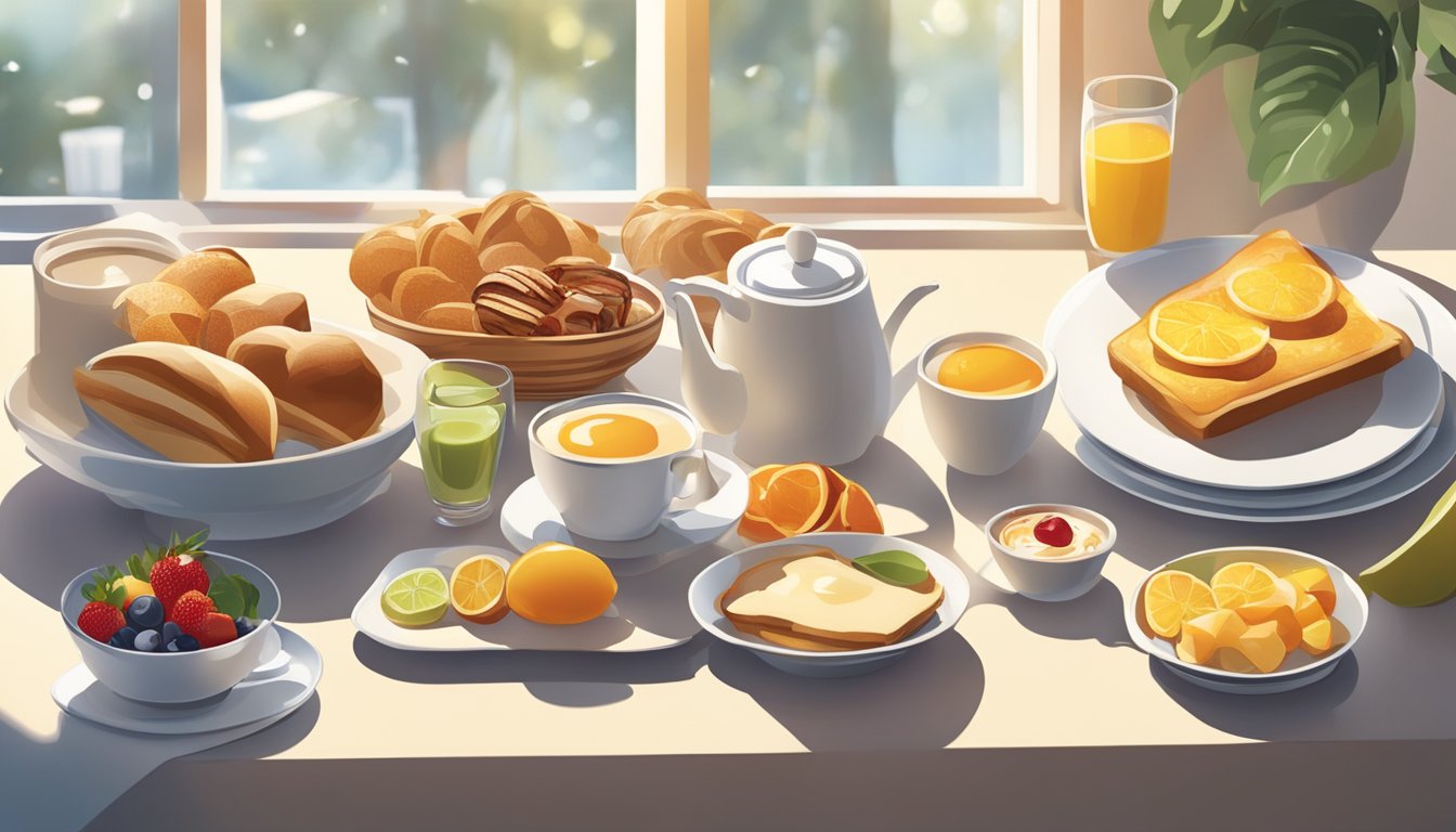 A bright and inviting breakfast spread with a variety of food items arranged on a modern, clean table setting. Sunlight streams in from a window, casting a warm glow on the scene