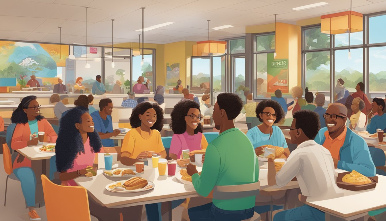 A group of people enjoying breakfast at Wendy's, surrounded by images of community involvement and sustainability initiatives