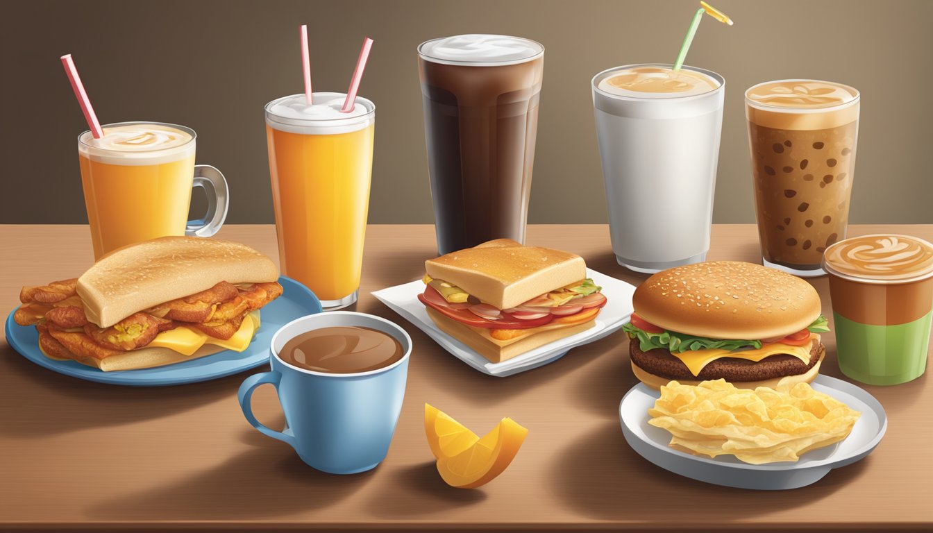 A table with various breakfast beverages from Wendy's and other fast food chains, including coffee, juice, and soda, arranged for comparison