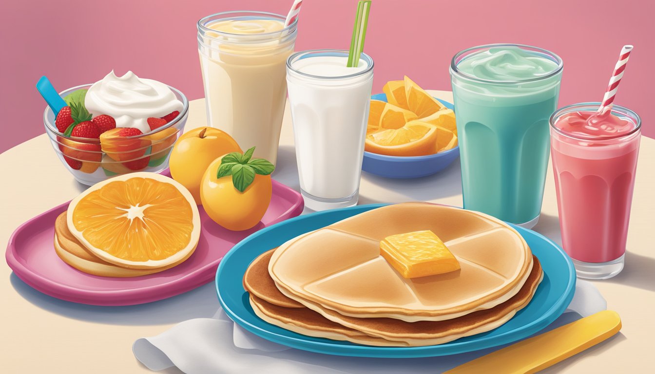 A colorful breakfast spread with options like pancakes, fruit, yogurt, and milk, showcasing the nutritional value of Wendy's Kids' Breakfast menu