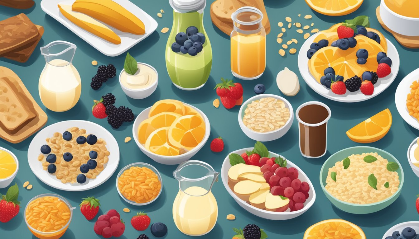 A colorful breakfast spread with a variety of nutritious options, including fruits, whole grains, and dairy products, displayed on a table