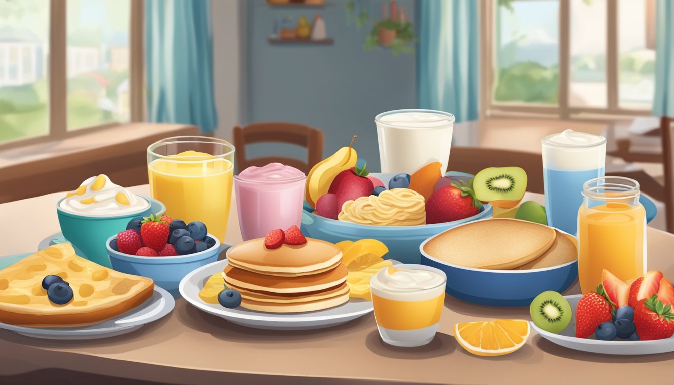 A colorful breakfast spread with a variety of kid-friendly options, including fruit, yogurt, pancakes, and a breakfast sandwich