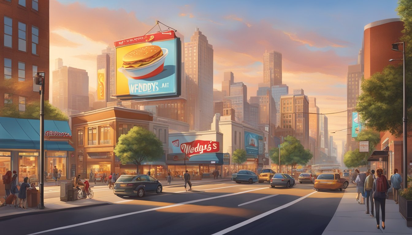 A bustling city street with a prominent Wendy's Breakfast billboard towering over the surrounding buildings. The sun rises in the background, casting a warm glow over the scene