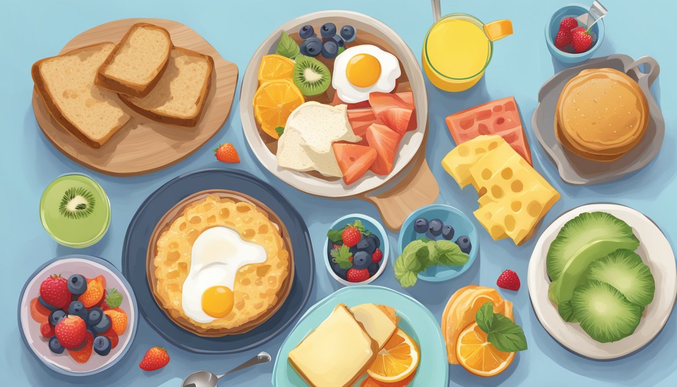 A colorful spread of kid-friendly breakfast items and nutritional information displayed on a table