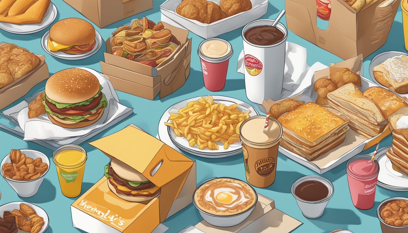 A person comparing Wendy's breakfast to other fast food chains, surrounded by various breakfast items and packaging