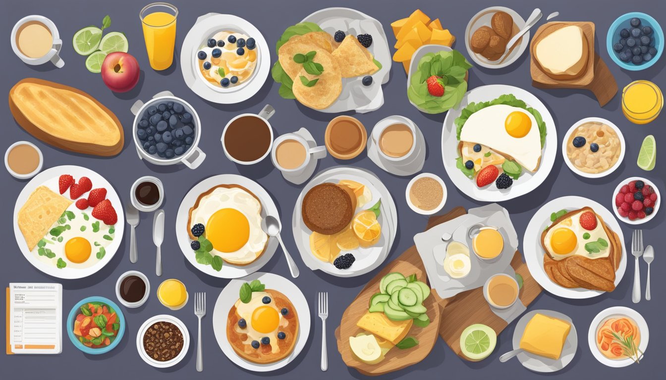 A colorful breakfast spread with various menu options and nutrition information displayed