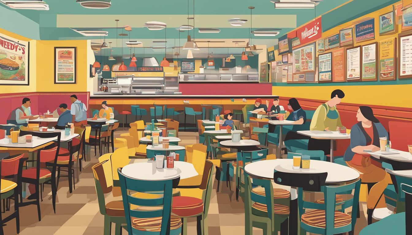 A bustling restaurant with a colorful, retro-inspired interior. Tables are filled with customers enjoying Wendy's breakfast menu. The atmosphere is lively and inviting