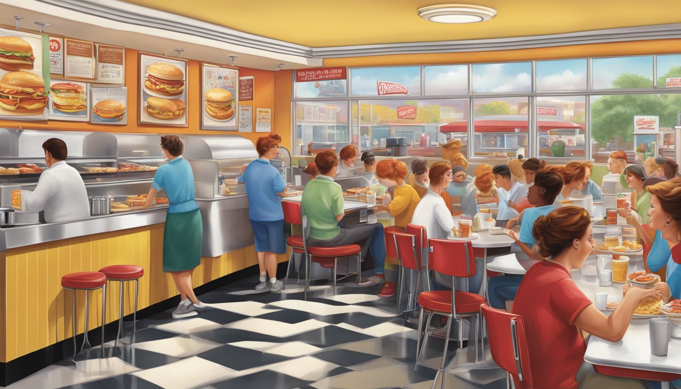 A bustling morning scene at a diner, with iconic Wendy's breakfast items featured prominently on the menu board and being enjoyed by various customers