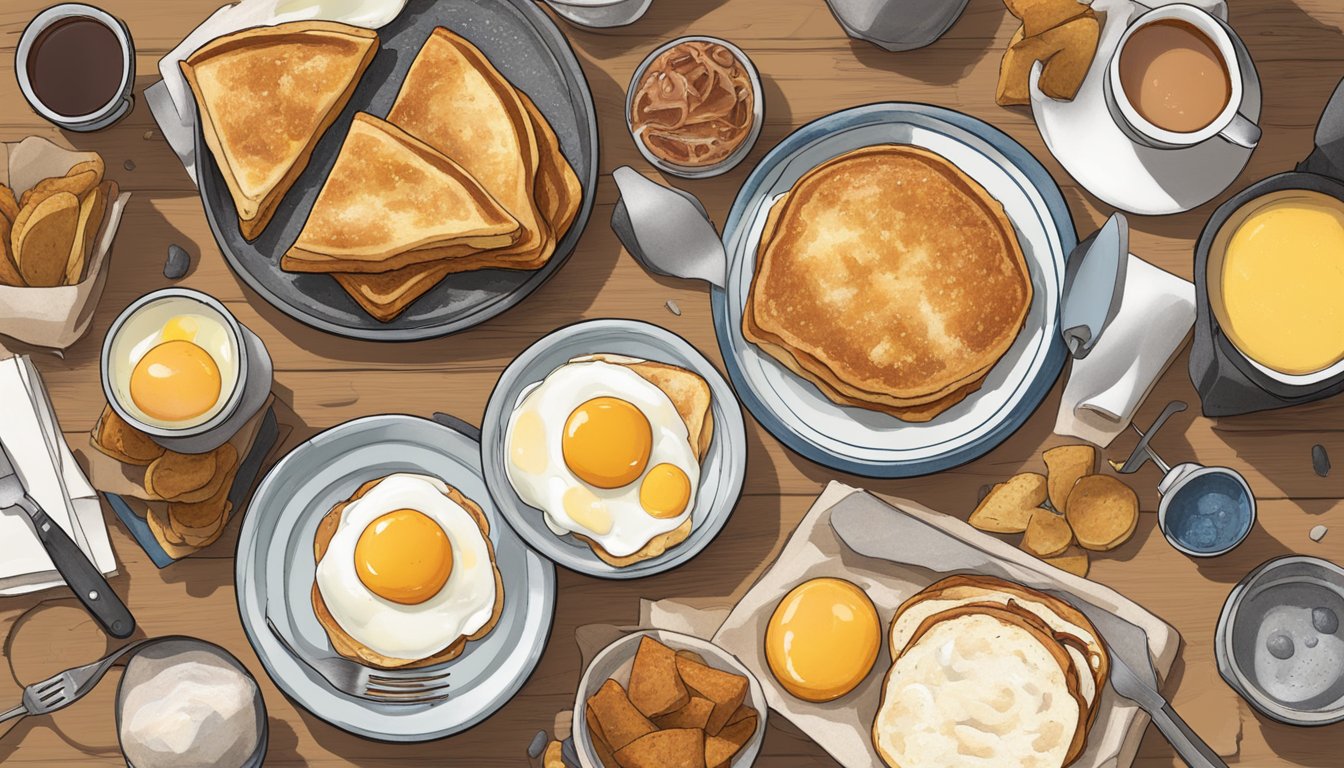 A table cluttered with discarded breakfast items: burnt toast, soggy pancakes, and overcooked eggs, all labeled with "Noteworthy Attempts Wendy's Breakfast Failures."