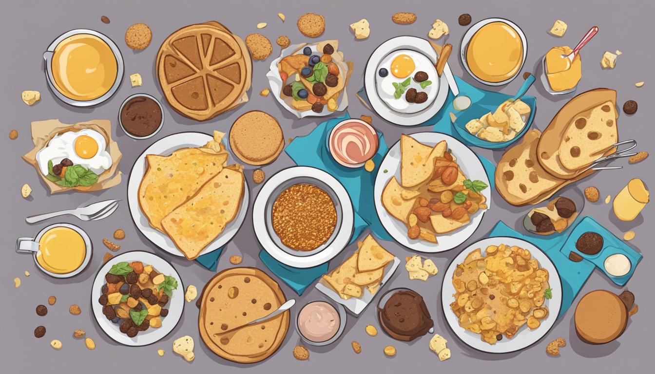 A table cluttered with rejected breakfast items, scattered crumbs, and disappointed faces