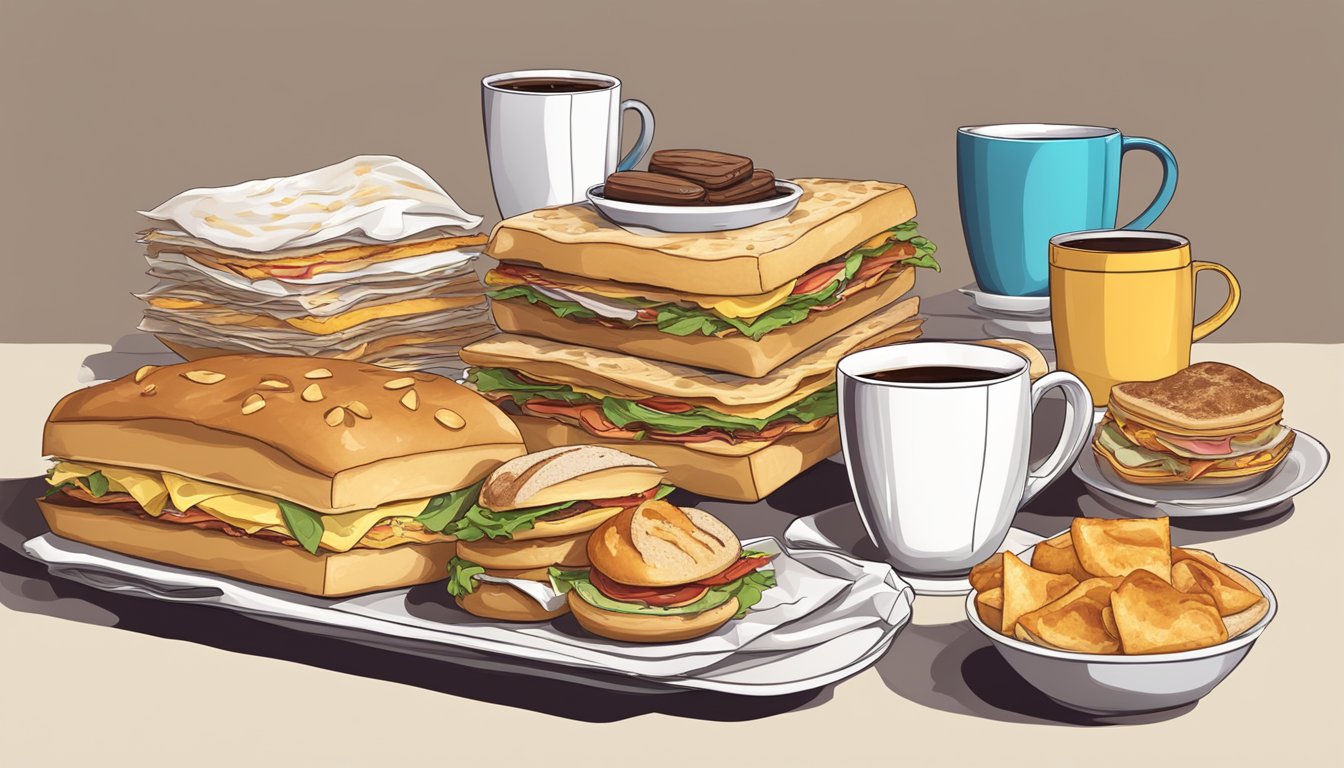 A table stacked with discarded breakfast items, including cold, soggy sandwiches and unappealing pastries, surrounded by crumpled napkins and empty coffee cups