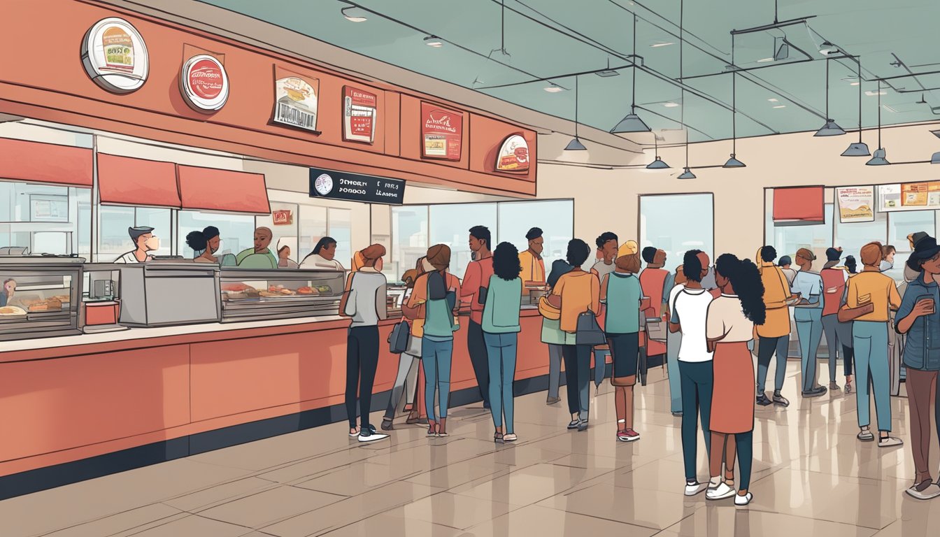 A bustling Wendy's restaurant with a line of customers eagerly ordering breakfast items while others provide feedback through an online survey or comment card