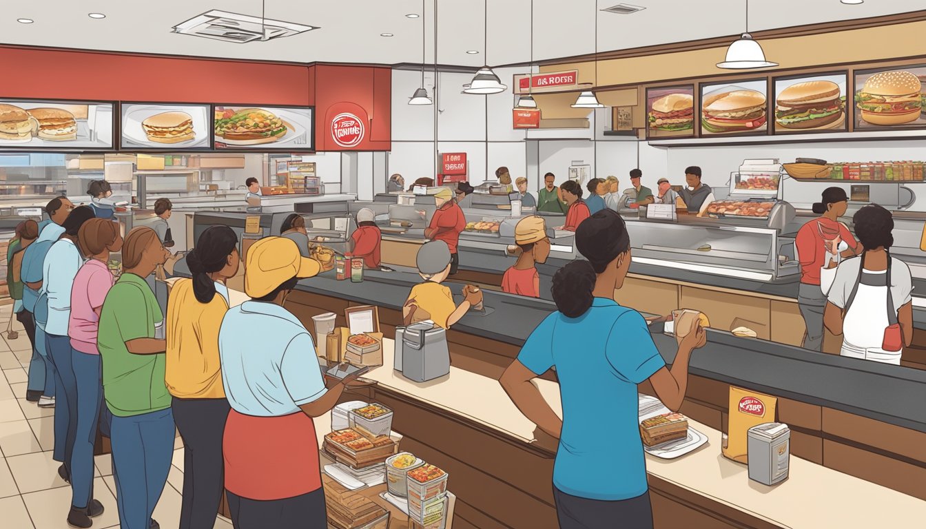 A bustling Wendy's restaurant with a line of customers eagerly ordering breakfast items. The franchisees are seen engaging with patrons and promoting the new menu