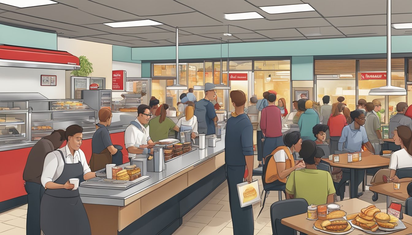 A bustling Wendy's restaurant with a variety of breakfast items on display, customers providing feedback to attentive staff, and managers strategizing for operational excellence