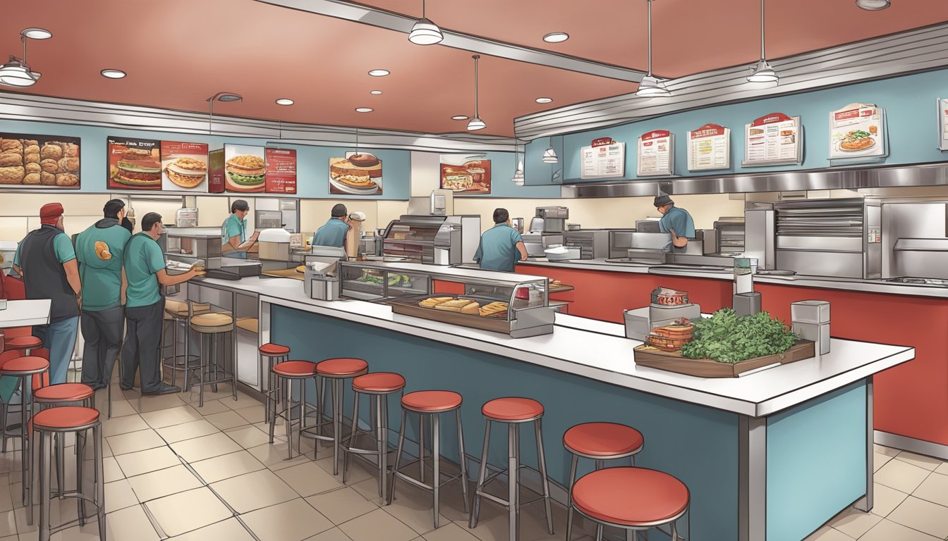 A bustling Wendy's restaurant with efficient breakfast service, franchisees working seamlessly to ensure operational excellence