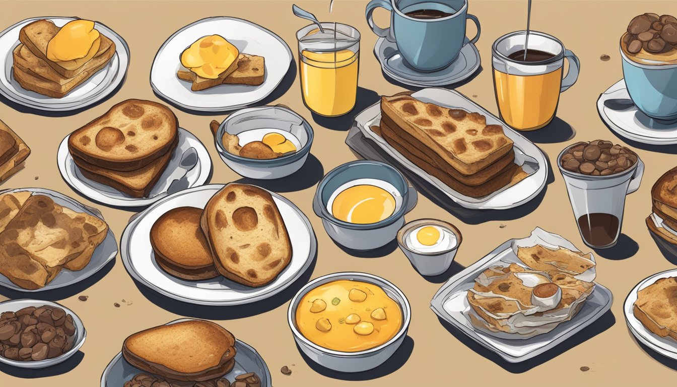 A cluttered table with discarded breakfast items: burnt toast, soggy muffins, and failed attempts at unique menu items